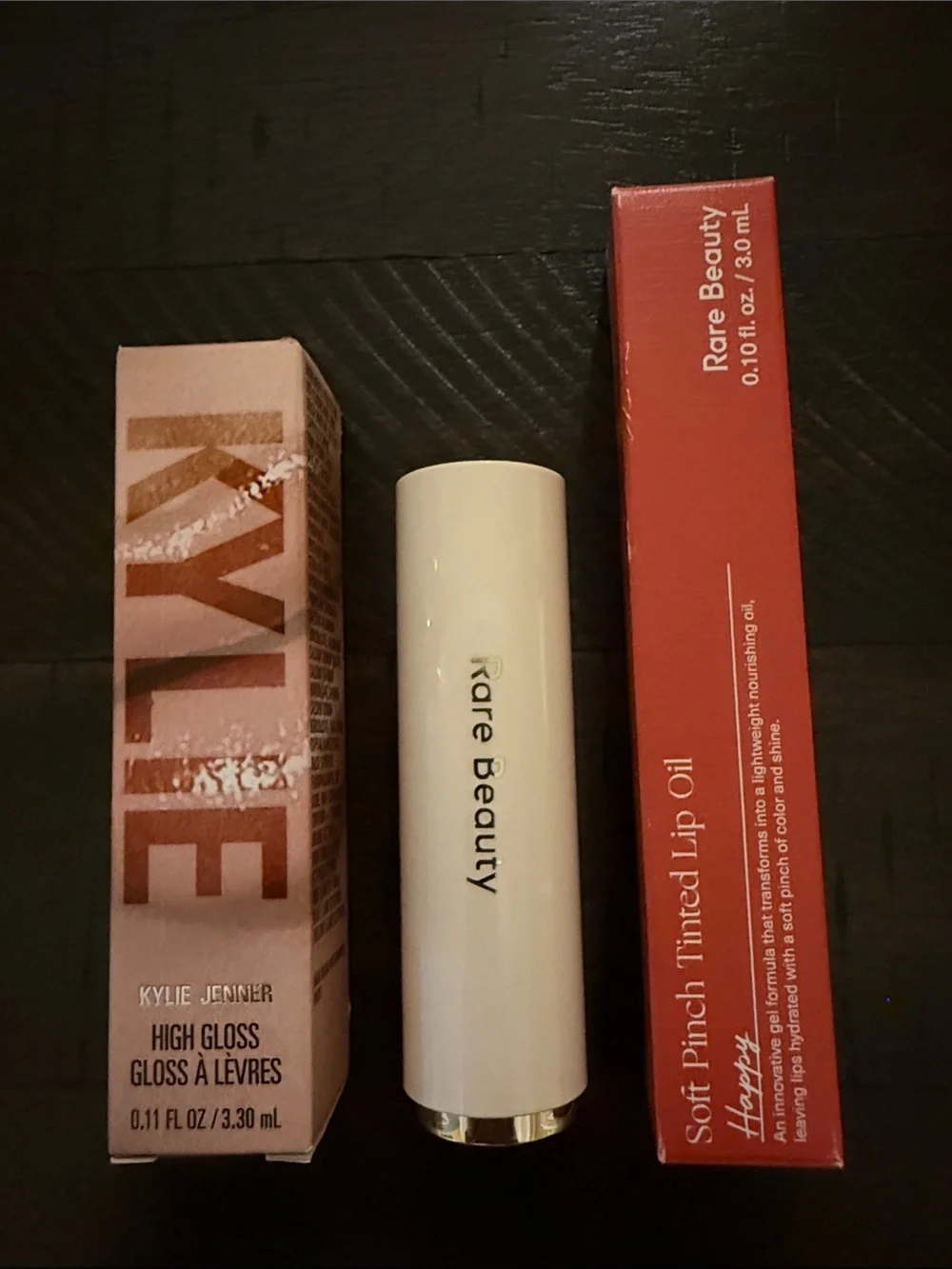 Lip bundle: 2 Rare Beauty lip oils and a lipstick, plus a Kylie gloss